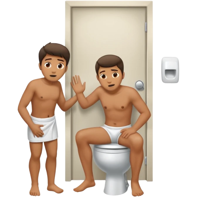 Man using the toilet while the other man is banging on the door begging holding it emoji