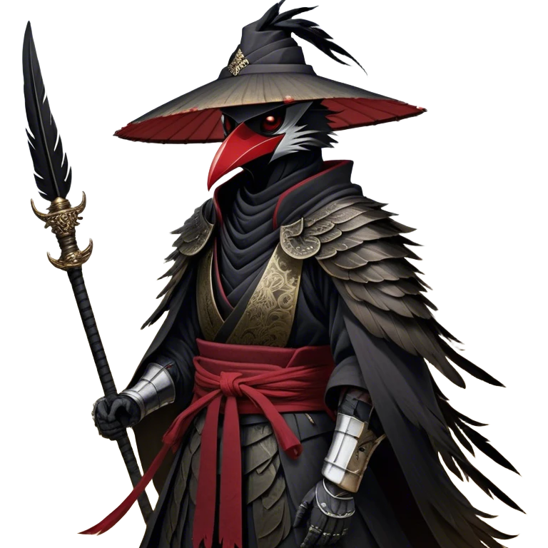 A fierce Kenku samurai with sleek black feathers, piercing crimson eyes glowing under the shadow of his straw hat. His sharp beak is partially covered by a black cloth mask, adding to his air of mystery. He wears layered black and crimson armor, intricate silver engravings etched into the metal plates. A long, tattered cloak billows behind him, worn from countless battles. His clawed hands grip the hilt of a curved katana, its polished blade reflecting the moonlight. Wisps of mist swirl around his taloned feet as he stands motionless emoji