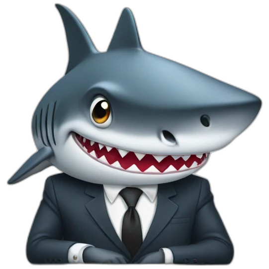 A shark sitting at a table wearing a suit looking straight ahead emoji