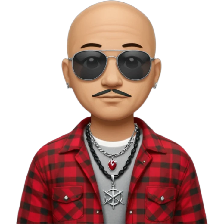 bald mexican cholo with black og sunglasses a silver necklace witth h engraved on emblem and flannel shirt emoji