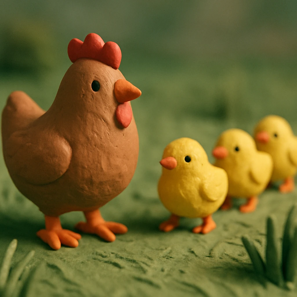 hen and chicks walking in grass, soft lighting, hand-molded details emoji