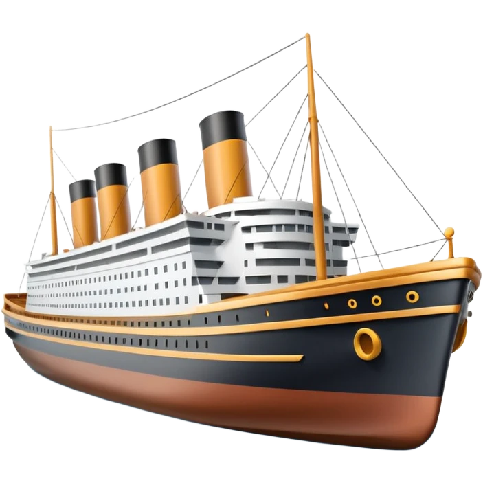 A 3D emoji of a Titanic ship in Apple style, glossy and smooth surface, bright clean colors with subtle shading, simple and minimal details, no face or expressions, floating on calm ocean, soft shadows, high-quality render, isolated on white background.


 emoji