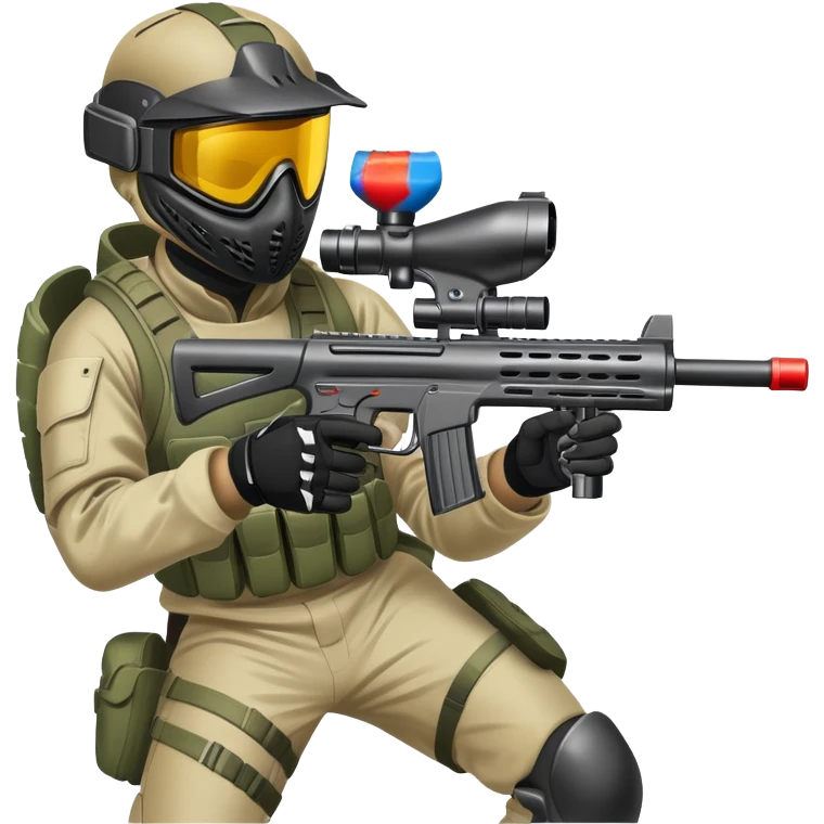 A paintball player in full gear, aiming a paintball gun with focus and determination. The scene includes vibrant splashes of paint and a dynamic battlefield setting, emphasizing action, strategy, and teamwork in a competitive environment emoji