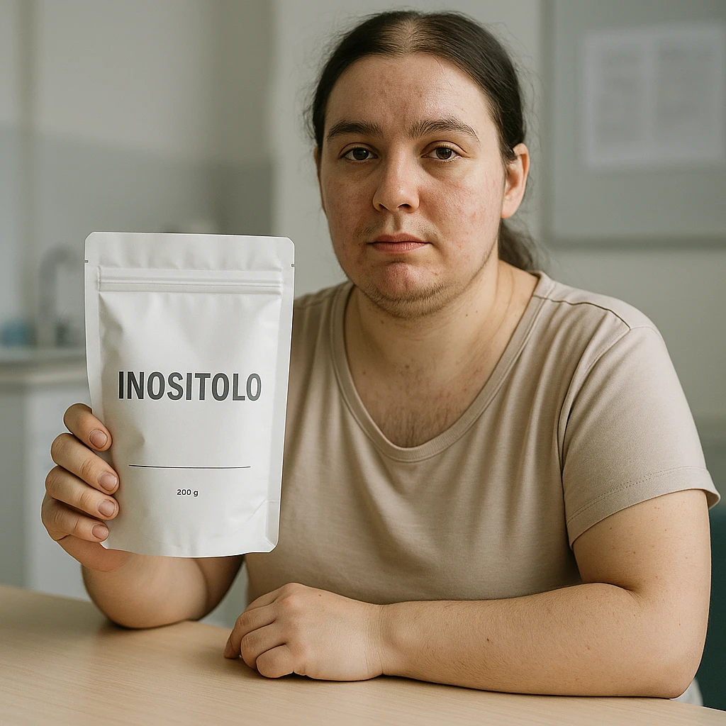Realistic photograph of a woman with PCOS sitting at a table, showing a package with the label 'Inositolo' clearly visible towards the camera. She has acne marks, chin hair, thin hair, in a clinical environment with soft lighting. emoji