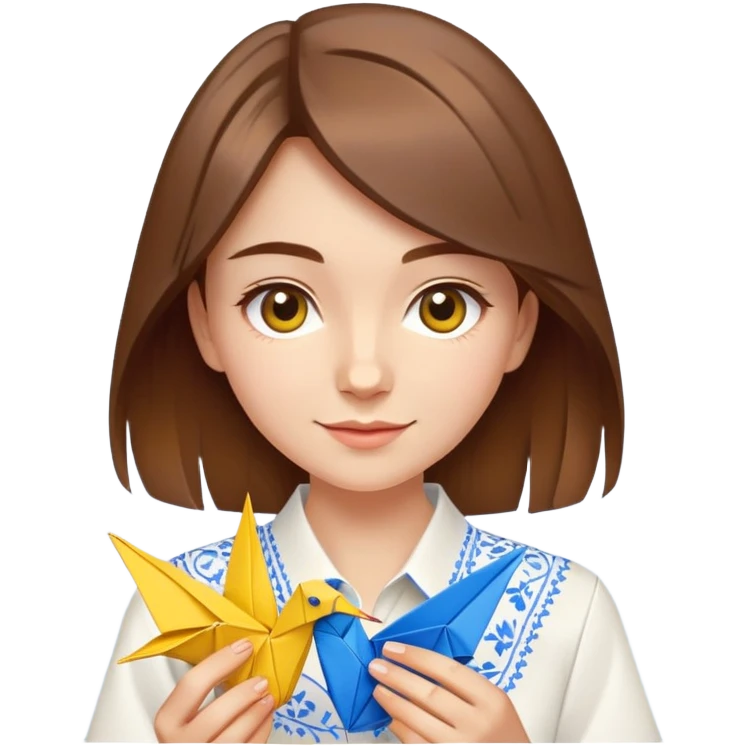 A happy Ukrainian young girl with brown hair in a white embroidered shirt making an origami crane in yellow and blue colors emoji