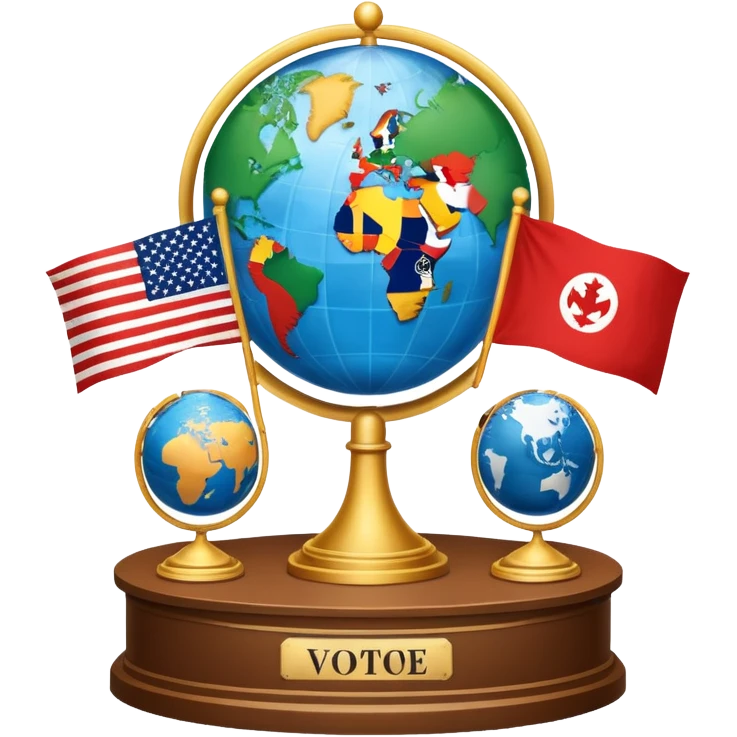 An icon featuring a podium with a speaker, national flags, and voting ballots, symbolizing political science. The design includes a globe and scales of justice in the background, representing governance, global affairs, and political theory. Transparent background emphasizes civic engagement emoji