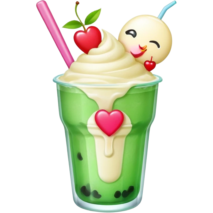 Cute emoji-style illustration of a green soda float with ice, vanilla ice cream scoop, two red cherries, pink heart-shaped straw, simple shapes, bright colors, glossy, kawaii style, centered, transparent background
 emoji