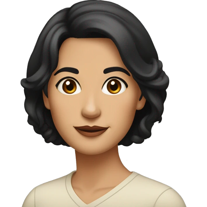 Middle-aged woman, black medium length hair, tan skin, aquiline nose, thin lips, dark brown eyes, medium thin brows, oval face emoji