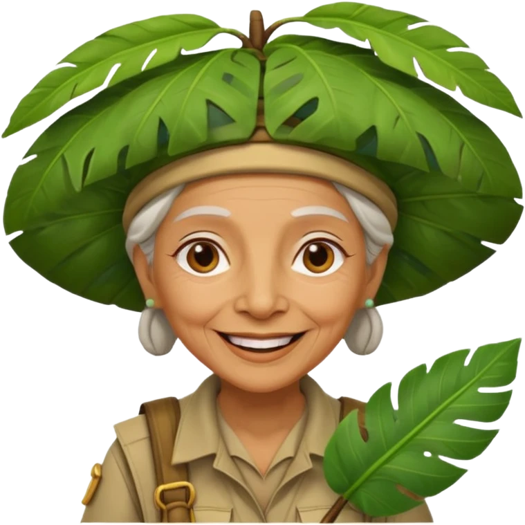 a old woman explorer with jungle wearing a large leaf headgear bye  emoji