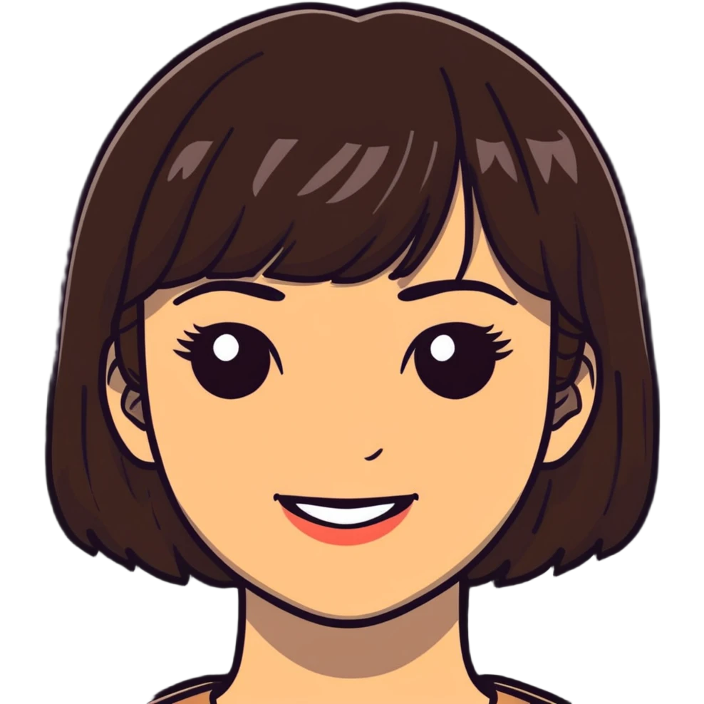 Pretty woman with dark brown bangs, subtle makeup, warm smile emoji