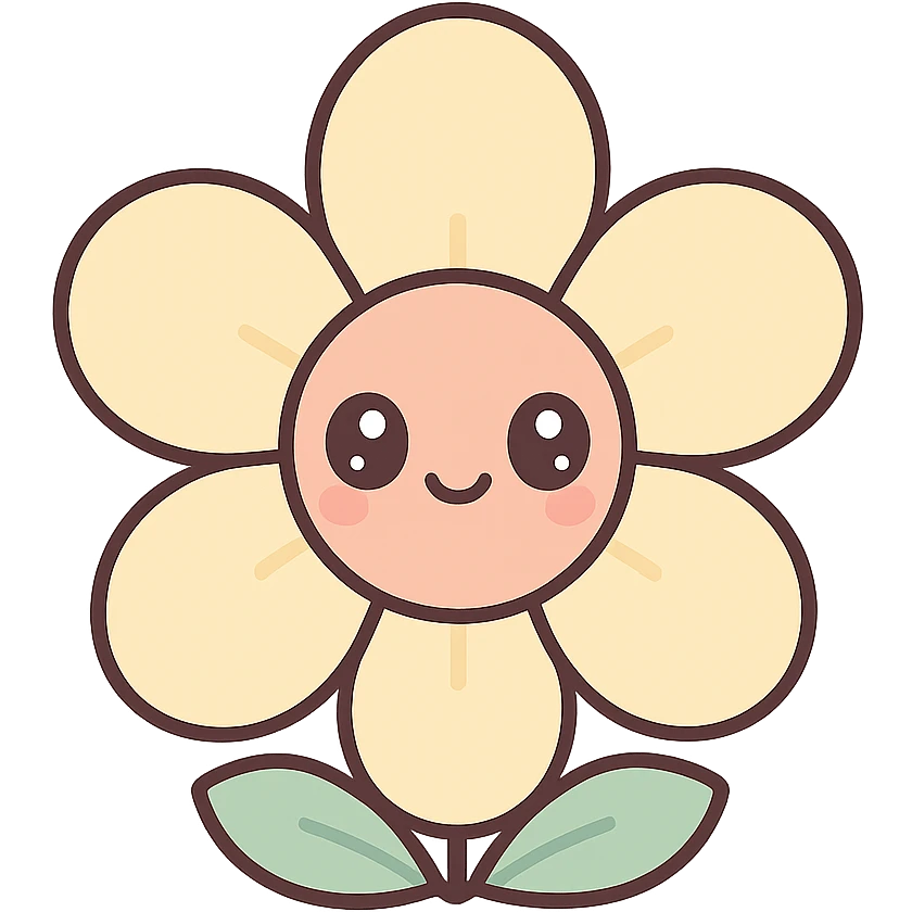smiling vanilla flower with big doe eyes, cute style, white background emoji