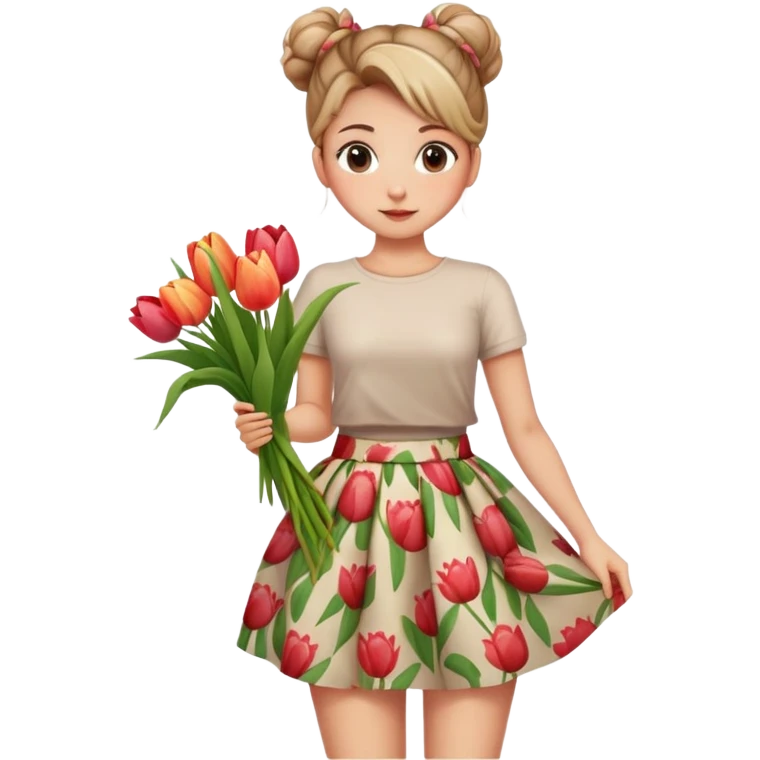 A girl with a messy bun, and a floral print skirt, holding a bunch of tulips. emoji
