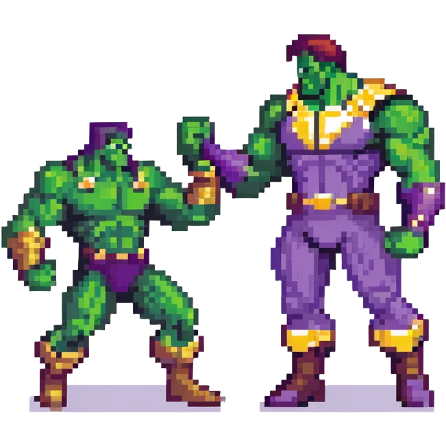 Hulk vs Thanos battle scene, green muscular superhero fighting purple villain with Infinity Gauntlet, action poses emoji