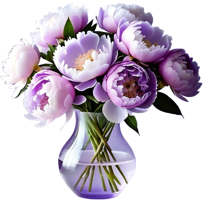 "A bouquet of peonies in soft shades of light purple, lilac, and icy lavender is arranged in a delicate, translucent glass vase with a pale violet tint. The petals, gently layered and slightly ruffled, spill over the edges, creating a sense of fullness. A silky, pastel purple ribbon is tied around the vase, with its ends cascading down in soft folds."
 emoji
