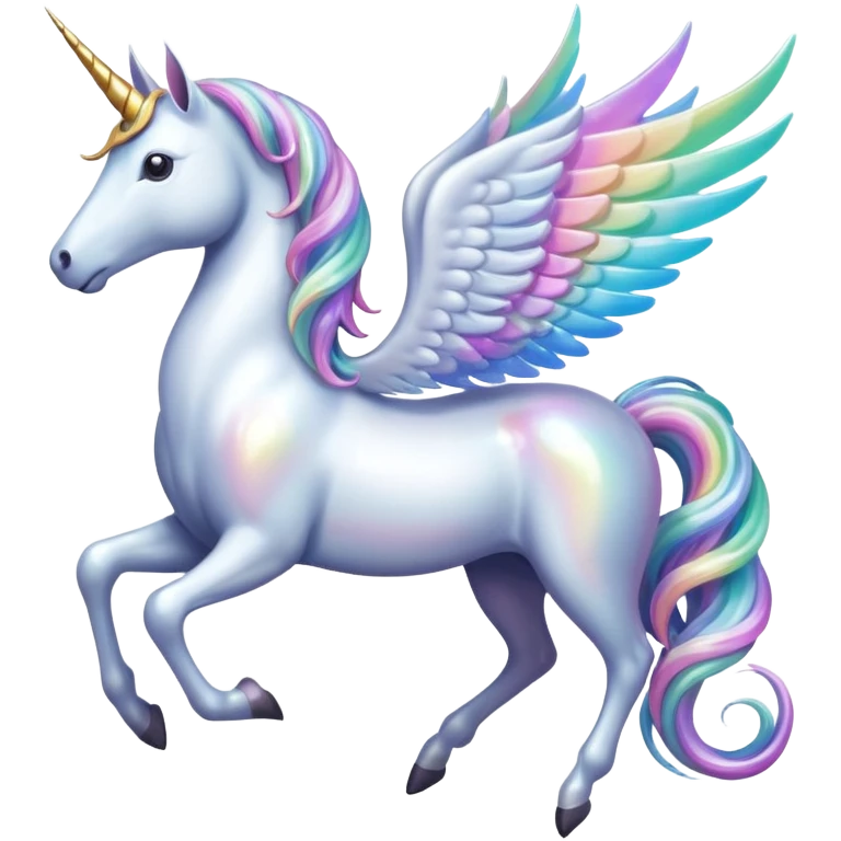 Cinematic Noble Unicorn with wings, slender with a flowing mane and tail and spiraled horn emoji