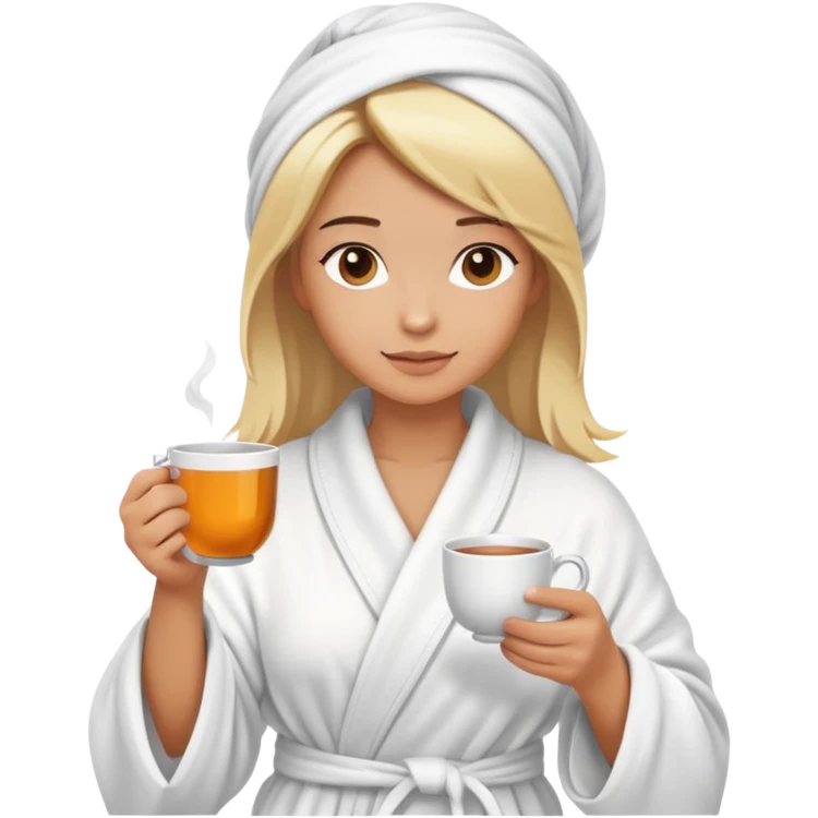 girl hair wrapped in towel wearing robe holding tea with hands emoji