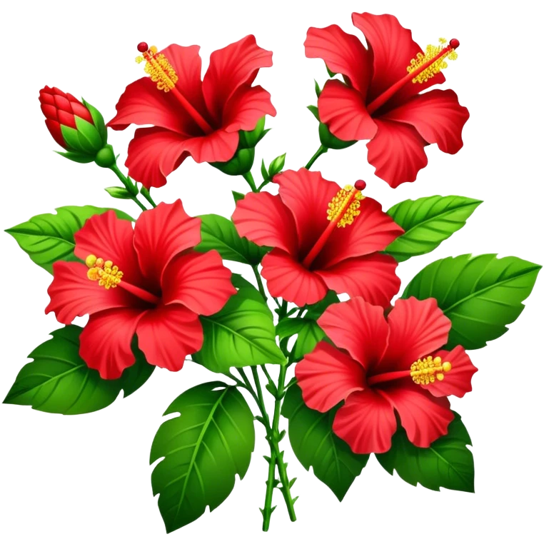 bouquet red Hawaiian hibiscus, luxuriant, stem, leaf, bud emoji