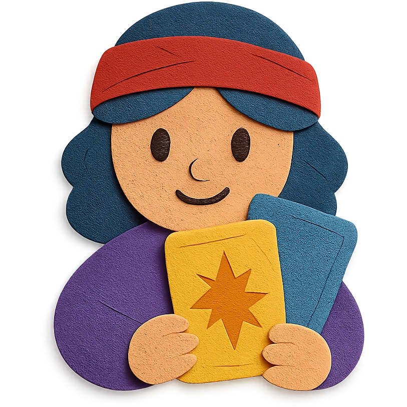 cartoon character with tarot cards emoji