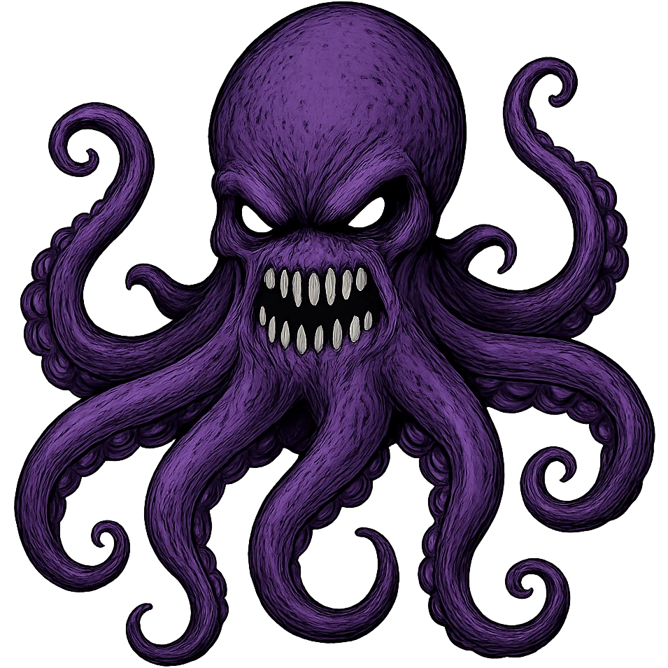 Remove the nose, make the octopus look scary, keep the purple color, with no background. Maintain the original style and details of the octopus while making it look scary and purple. emoji
