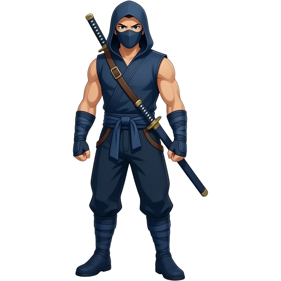 Anime ninja dark blue sleeveless hood sword in the back dark blue pants and dark blue boosts dark blue masks look superstrong very tall full body emoji