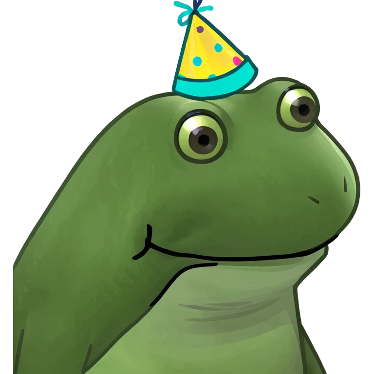 multiple green bufo frogs celebrating a birthday party on a beach, all are geologists and nerdy, with Magic the Gathering and escape room references, birthday frog has long hair in a man bun emoji