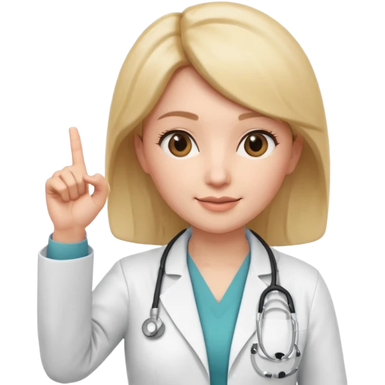 3D memoji style female doctor, white medical coat, stethoscope, raising index finger up like giving important advice, confident facial expression, slight smile, centered, transparent background, emoji
