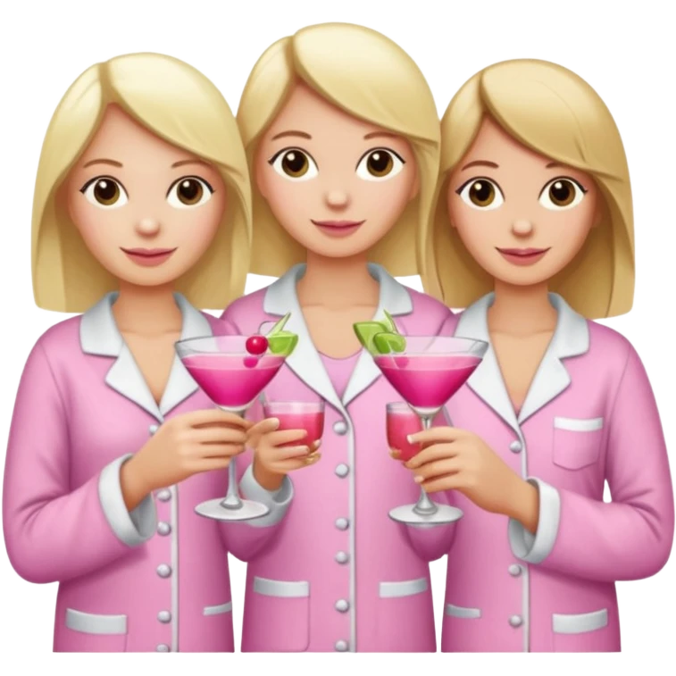 Three white-skinned friends (one with blonde hair and the other two with brown hair) toasting with pink cocktail glasses and wearing pajamas emoji
