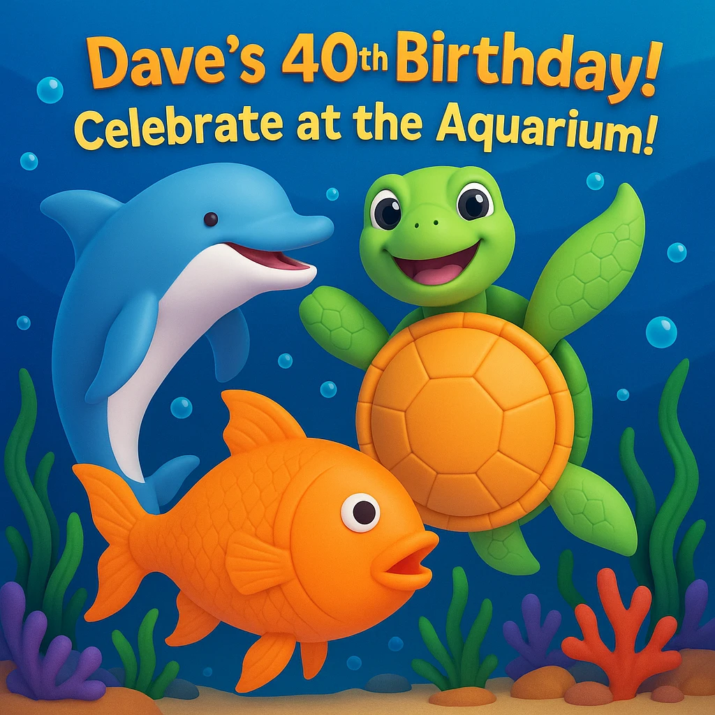Make a birthday card for Dave's 40th birthday at the aquarium. Arrange the playful dolphin, smiling sea turtle, and colorful fish in a lively underwater scene with bubbles, seaweed, and coral. Add cheerful text: "Dave's 40th Birthday! Celebrate at the Aquarium!" Use a fun, vibrant style. Make it 3d emoji style. emoji