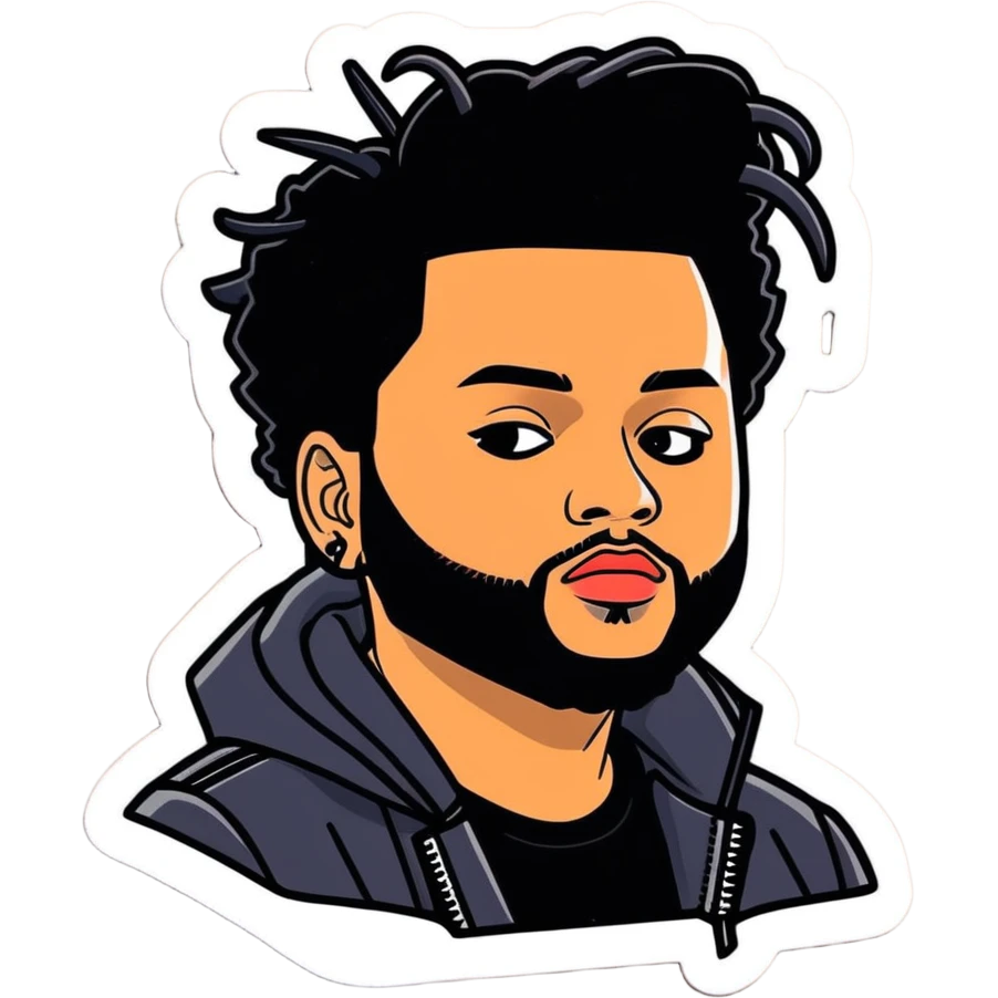 2012 version of The Weeknd,  canadian celebrity and singer from Toronto, must be ultra hyperrealistic, and mirco-detailed, 3D sticker design
 Must be 8k hd, 8000x8000px resolution. Must use very thin transparent smooth lines emoji