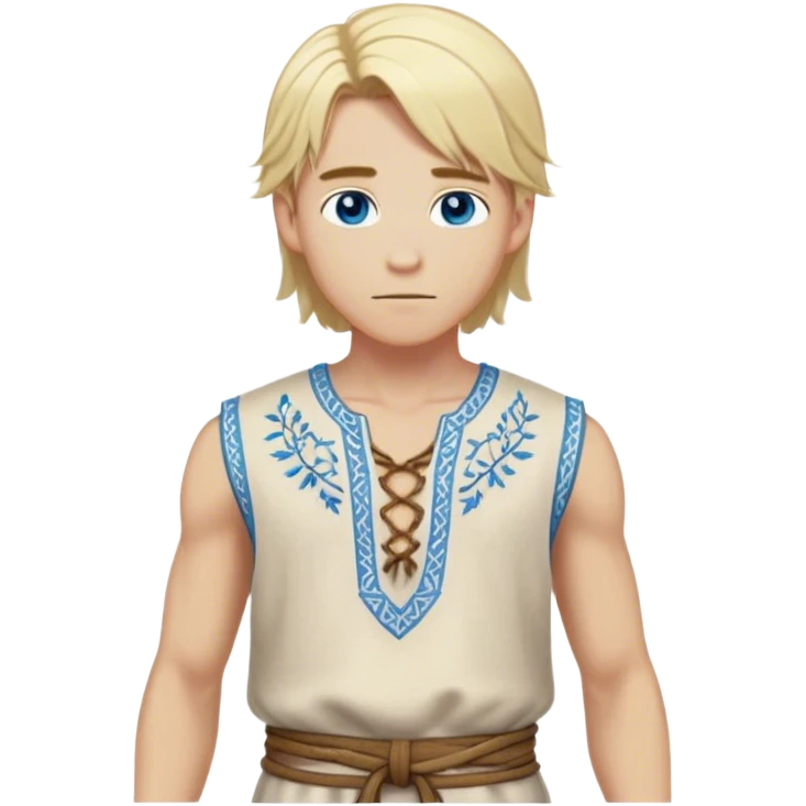 medieval summer outfit worn by a DnD themed fantasy male character. lightweight sleeveless wool tunic with a laced-up front and decorative embroidery. clothes only above the waist. The clothes full waist. The character's haven't arms. character is white-skinned, blonde hair, blue eyes, medium-length straight hair. emoji