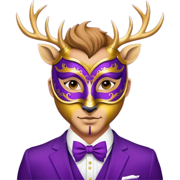 a man, with a purple suit,  wear half-face golden Deer masquerade mask emoji