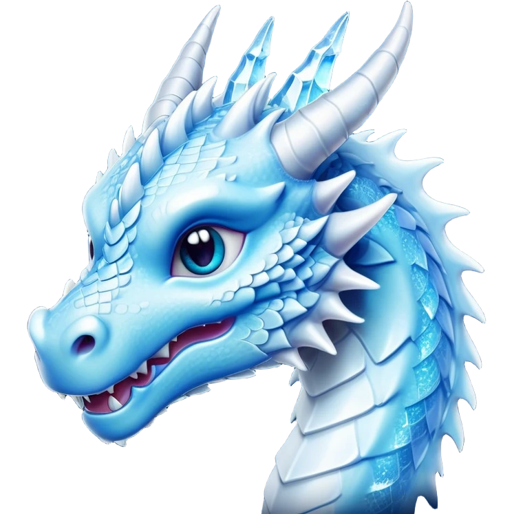 Cinematic Cute Beautiful Ice Dragon Portrait Emoji, Head tilted playfully and inquisitively, featuring a sleek, glacial form with intricately detailed, frost-kissed scales in shimmering blues and sparkling silver, accented by delicate ice crystal patterns and a gentle, enchanting glow; rendered with lifelike clarity and soft, natural light, high shine, charming and cool, styled with a touch of wintry fantasy, soft glowing outline, capturing the essence of a mischievous yet endearing ice guardian poised to twirl playfully into your dreams! emoji
