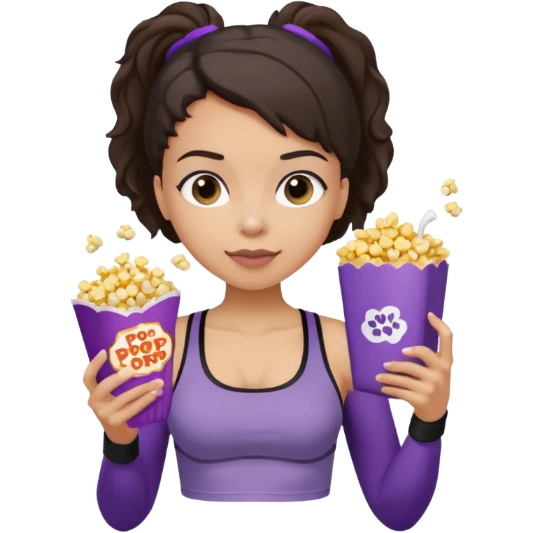 Brunette light skin girl with completely black sports bra and grey sweatpants on her phone while eating popcorn from a purple popcorn bag emoji