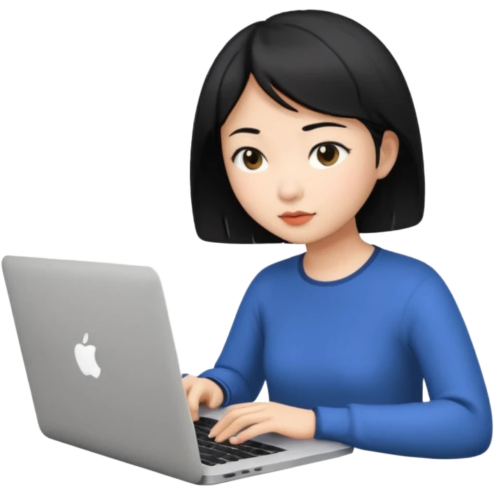 Asian girl with black short hair working on a Mac laptop emoji
