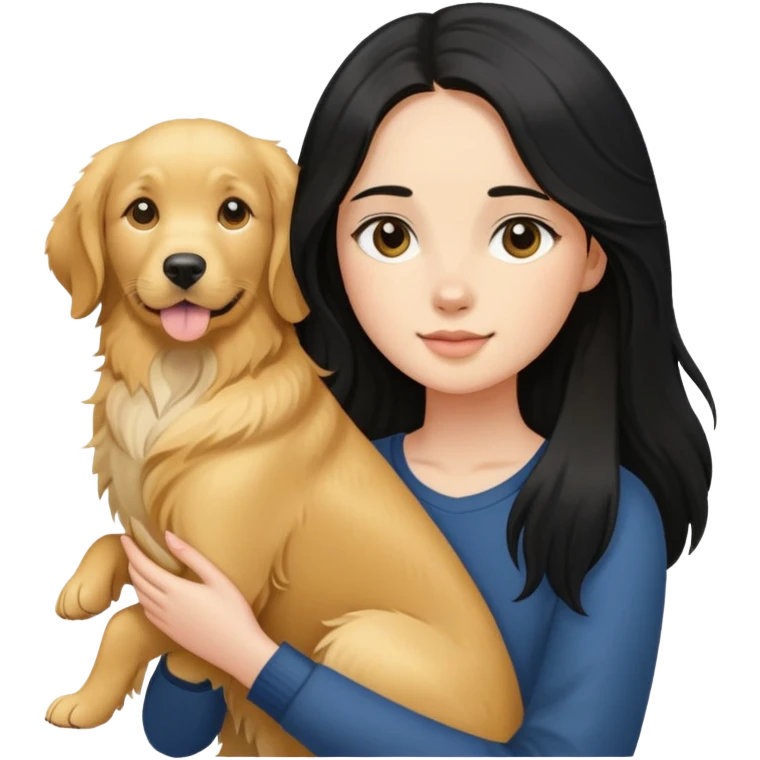 girl with medium black longhair holding a Golden Retriever emoji