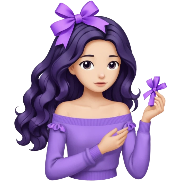 Girl with black wavy long hair and a ribbon hair clip beside it make it look like wearing a lavender off shoulder sweater make its hair stay in the back emoji
