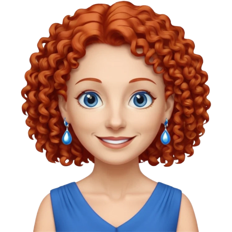 una profesora mayor simpática con el pelo rojo rizado, ojos azules, vestido azul y pendientes azules hablando sonriendo altura completa  emoji
