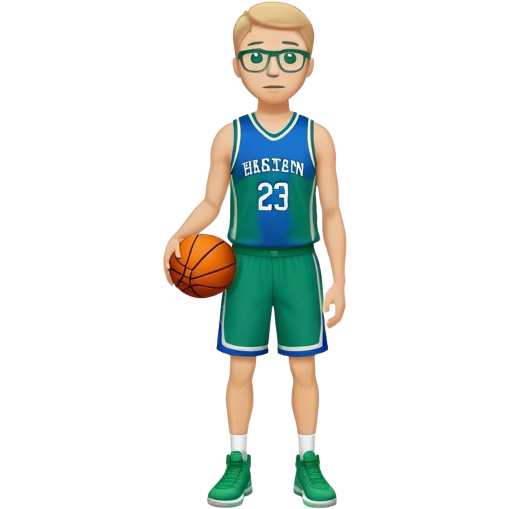 full body white male basketball wearing glasses in blue an green uniform emoji