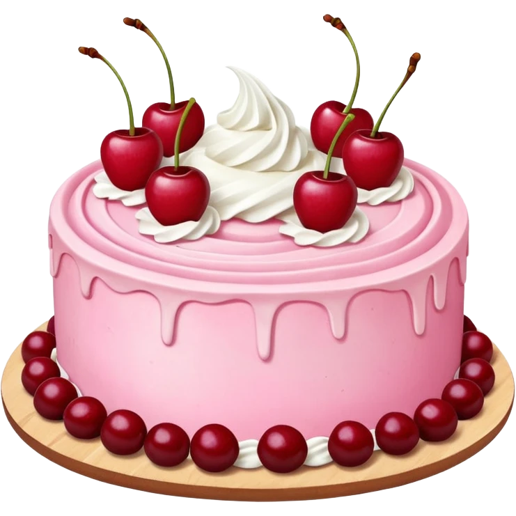 Round pink frosted cake with textured buttercream sides, placed on a plate cake board.
White whipped cream swirls on top, each topped with glossy red cherries with stems, clean studio lighting, isolated background, realistic minimal smooth emoji-style. emoji