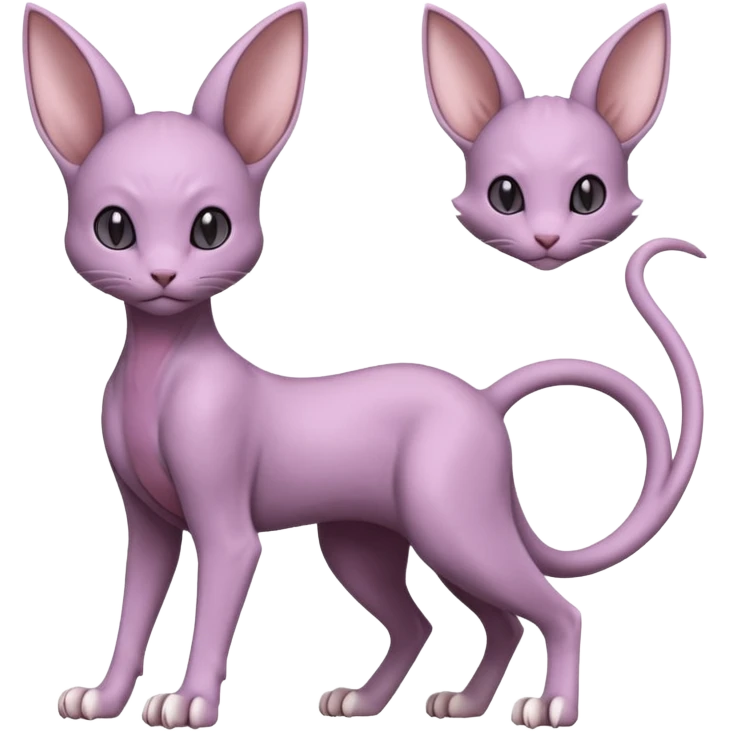 Pastel dull greyish anthropomorphic digitigrade Mewtwo-Beerus-Minccino-Lykoi-Sphynx-hybrid-Fakémon-fusion-animal-ET-species-creature, full body  emoji