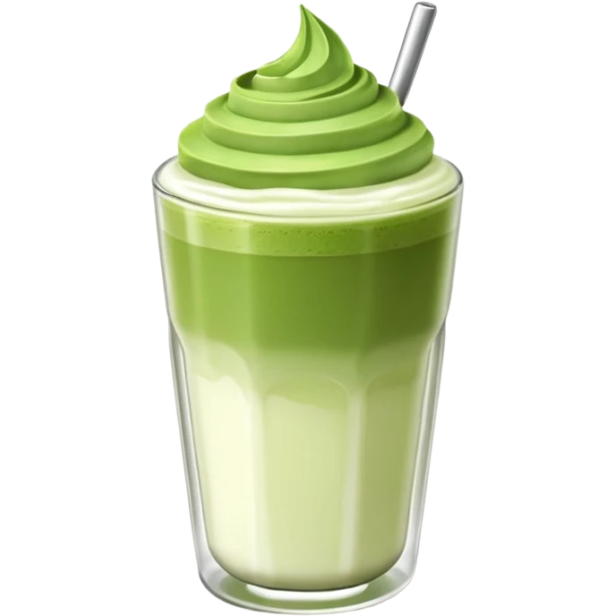 Matcha latte glossy 3D en vaso de vidrio minimalista, realista, estilo sticker, sin cara ni rasgos humanos, capas matcha y leche suaves, espuma ligera arriba, reflejos sutiles, fondo transparente. emoji