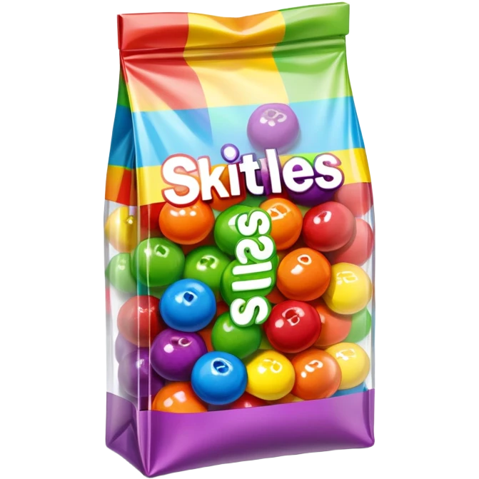 A Skittles candy package completely wrapped in clear packing tape, shiny reflective surface, rainbow colored bag under tape emoji