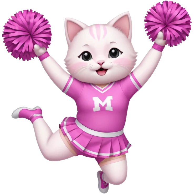 A cute chubby white kitten cheerleader in pastel uniform jumping in cheer pose. emoji