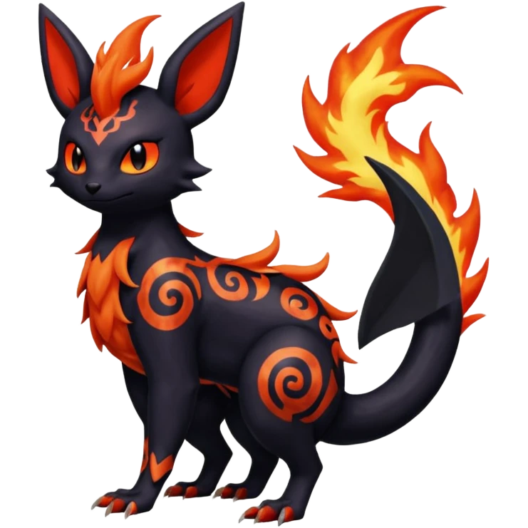 Shiny Fiery Dark Ugly Evil Realistic Glowing Eldritch Horror Cool Edgy Badass Emo Glorious Demonic Batty Dusky Ethereal Sparkly Shimmering Magical Punky Aural Iridescent Fluorescent Bioluminescent Litten-Amaura-Salandit-Noibat-Flareon-Fakémon-fusion (full body) with intricate pattern markings emoji