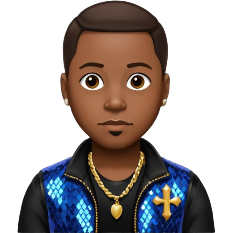 Woody from Dru Hill with dark brown hair, black sequin outfit, dark skin emoji