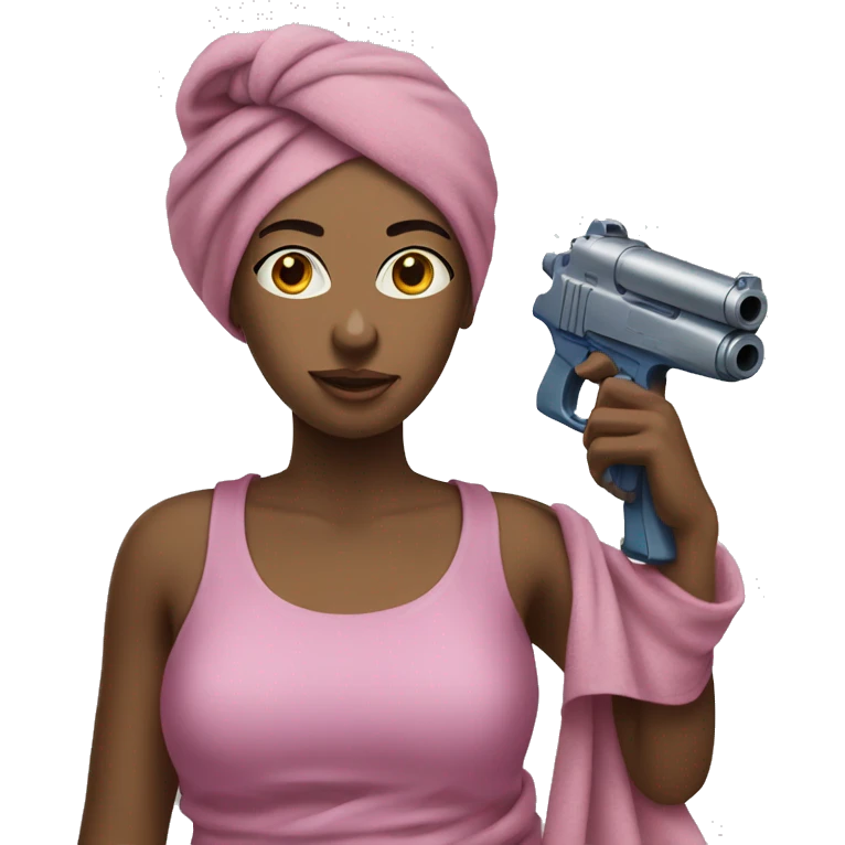 Woman holding a waterpistol and wearing a towel on her head  emoji