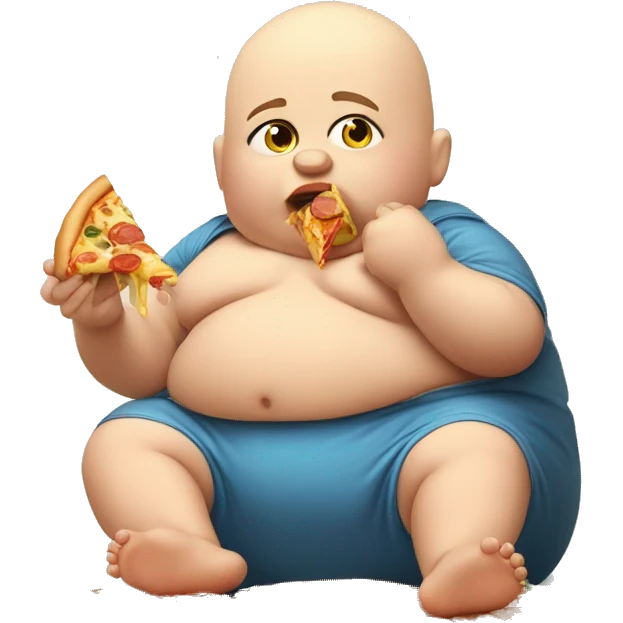 Fat bald baby eating a lot of McDonald’s and pizza sitting in a pile of unhealthy food emoji