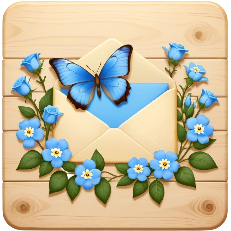An intimate vignette of a golden wax-sealed letter placed on a vintage wooden desk, with a pair of blue butterflies hovering around a bouquet of soft ivory roses and baby blue forget-me-nots. emoji