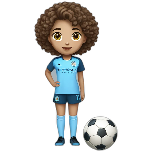 girl with short curly brown hair and eyes wearing Manchester City football shirt standing with a soccer ball emoji