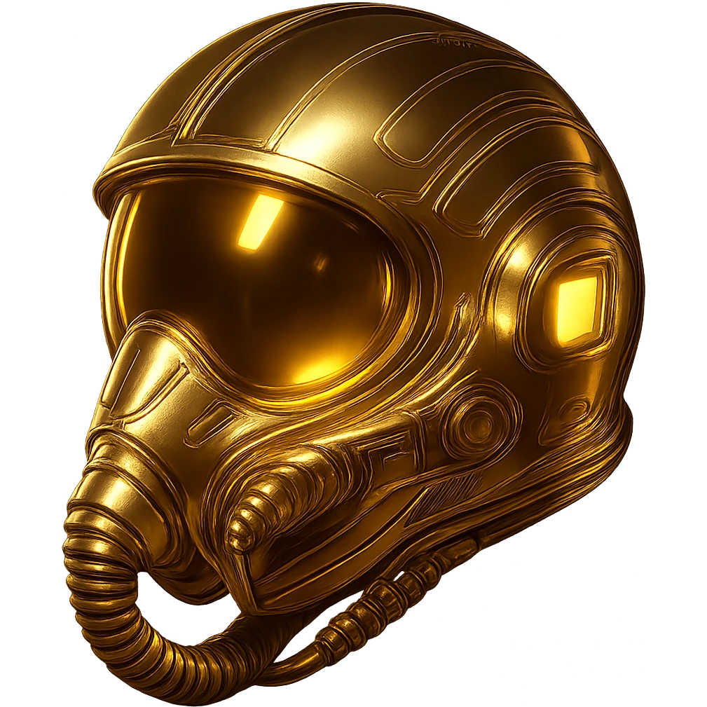 Make the golden pilot helmet more futuristic with advanced technology details, reflective gold surface, and illuminated panels. No background. emoji